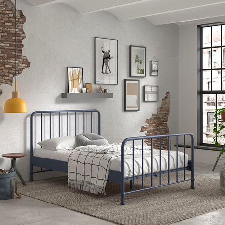 The Bronxx Bed 140 x 200cm Denim Blue by VIPACK features slatted base, metal industrial Belgian design & matte finish, ideal children's furniture for 4 & up