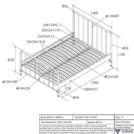 The Bronxx Bed 140 x 200cm Olive Green by VIPACK offers slatted base, metal industrial Belgian design & matte finish, ideal children's furniture for 4 & up