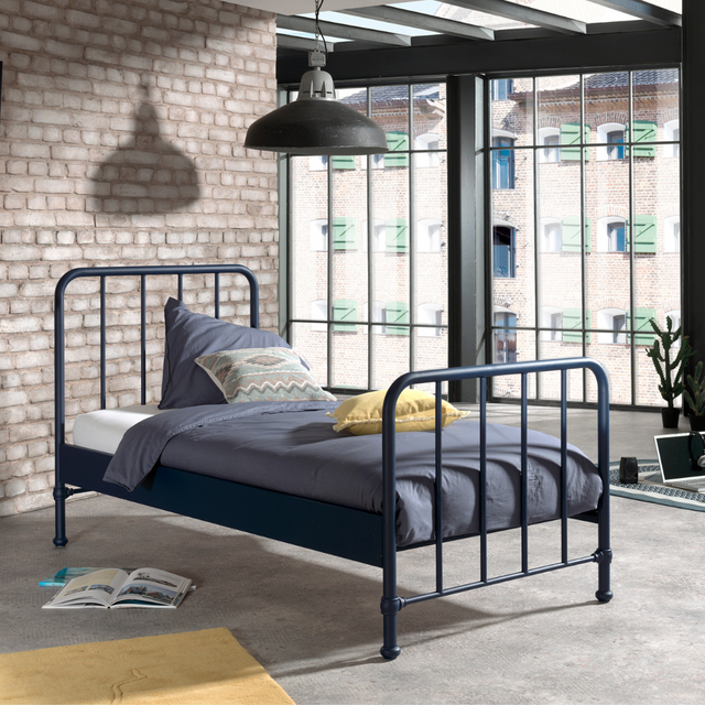The Bronxx Bed 90 x 200cm Denim Blue by VIPACK offers slatted base, metal industrial Belgian design & matte finish, ideal children's furniture for 4 & up