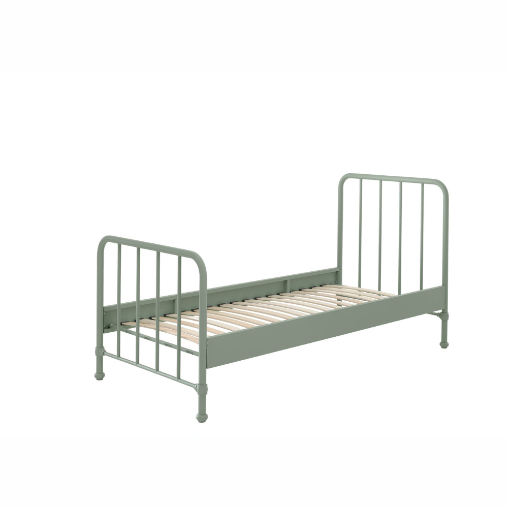 The Bronxx Bed 90 x 200cm Olive Green by VIPACK offers slatted base, metal industrial Belgian design & matte finish, ideal children's furniture for 4 & up