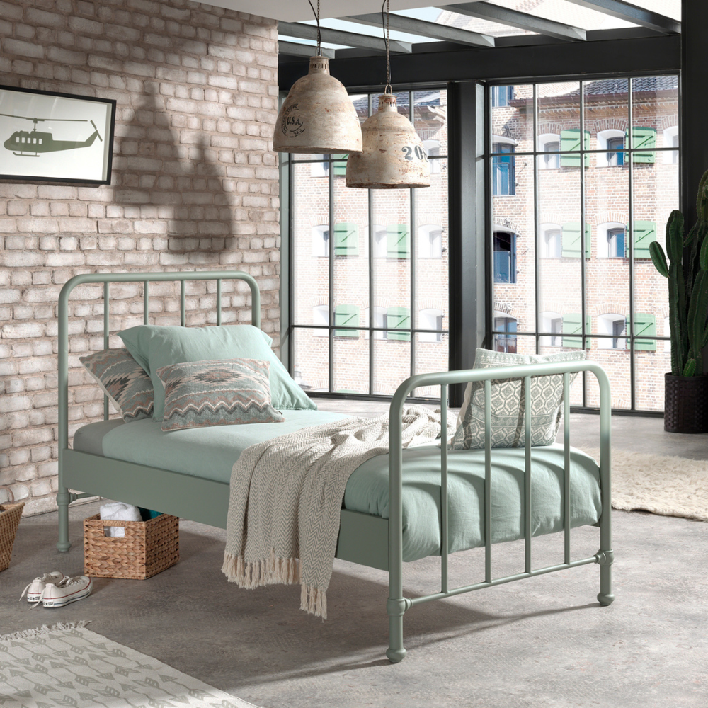 The Bronxx Bed 90 x 200cm Olive Green by VIPACK offers slatted base, metal industrial Belgian design & matte finish, ideal children's furniture for 4 & up