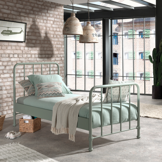 The Bronxx Bed 90 x 200cm Olive Green by VIPACK offers slatted base, metal industrial Belgian design & matte finish, ideal children's furniture for 4 & up