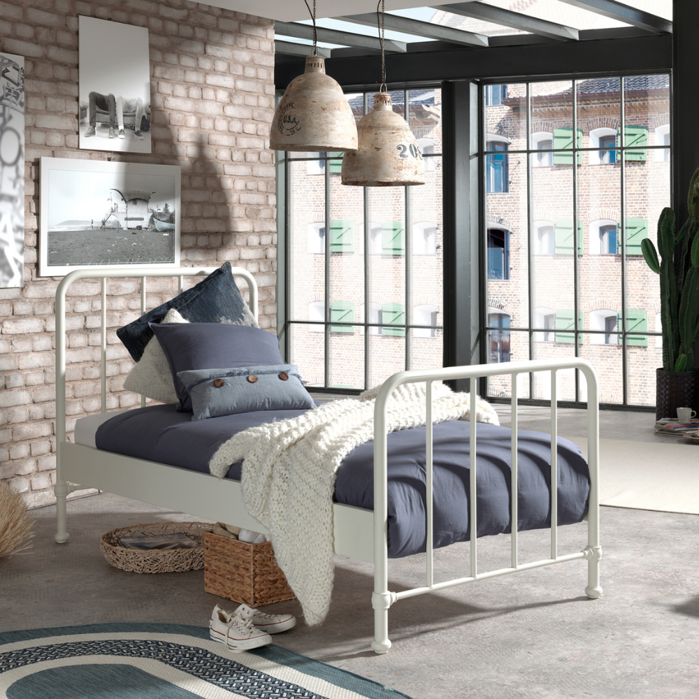 The Bronxx Bed 90 x 200cm White by VIPACK offers slatted base, metal industrial Belgian design & matte finish, ideal children's furniture for 4 & up