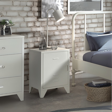 The Bronxx Bedside Locker in White comes with a matte finish, Belgian design, metal build and bold industrial look, a perfect nightstand for essentials
