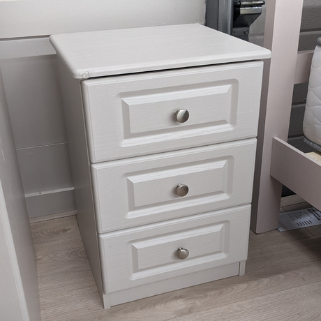 The Brosna 3 Deep Drawer Locker in Cashmere with metal knobs, sturdy bedside storage with classic design and elegant finish, ideal for any bedroom style