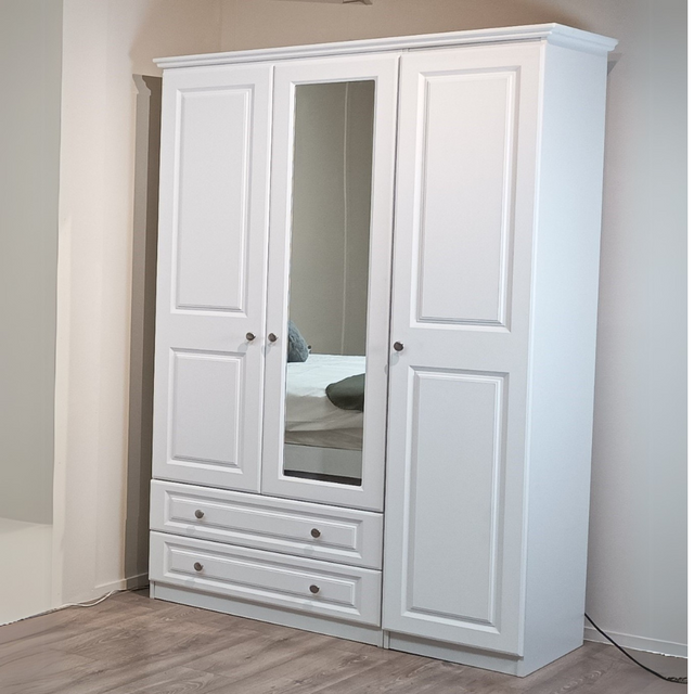 The Brosna 2 Door 2 Drawer Wardrobe in White with mirror offers full hanging space, deep drawers and elegant finish for stylish, practical storage