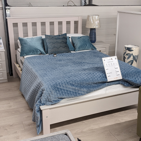The Brosna Bed in Cashmere & White is available in 3ft, 4ft, 4ft6 and 5ft featuring a slatted headboard, wipe clean finish and strong bolted build