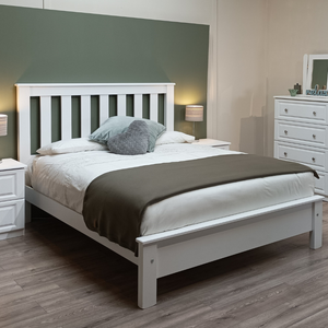 The Brosna Bed in Cashmere & White is available in 3ft, 4ft, 4ft6 and 5ft featuring a slatted headboard, wipe clean finish and strong bolted build
