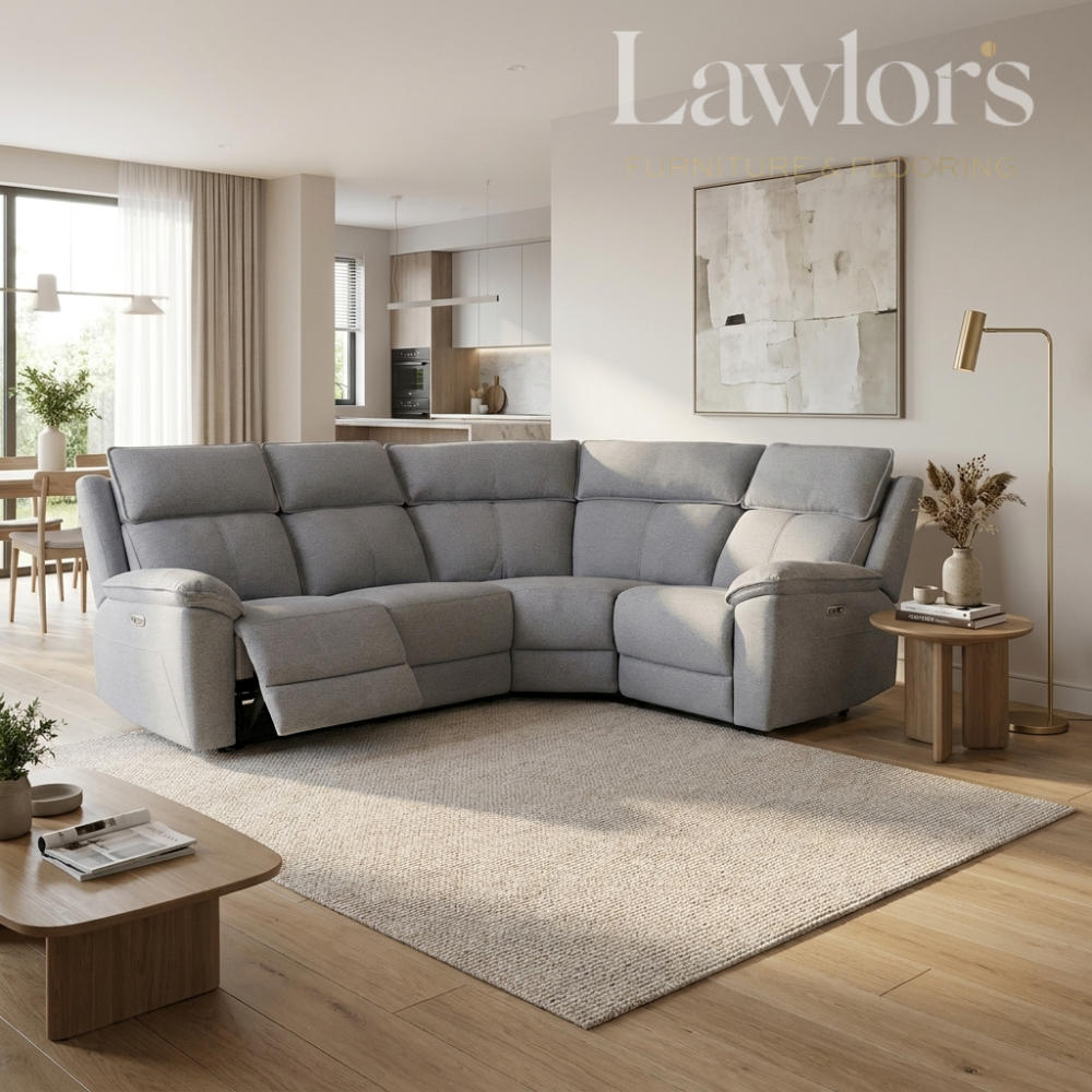 Grey sectional electric recliner corner sofa in a modern living room