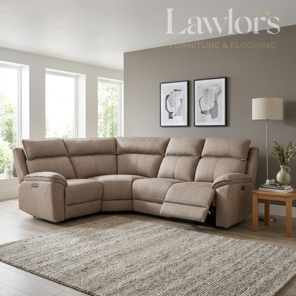 Beige sectional electric recliner corner sofa in a living room