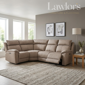 Beige sectional electric recliner corner sofa in a living room