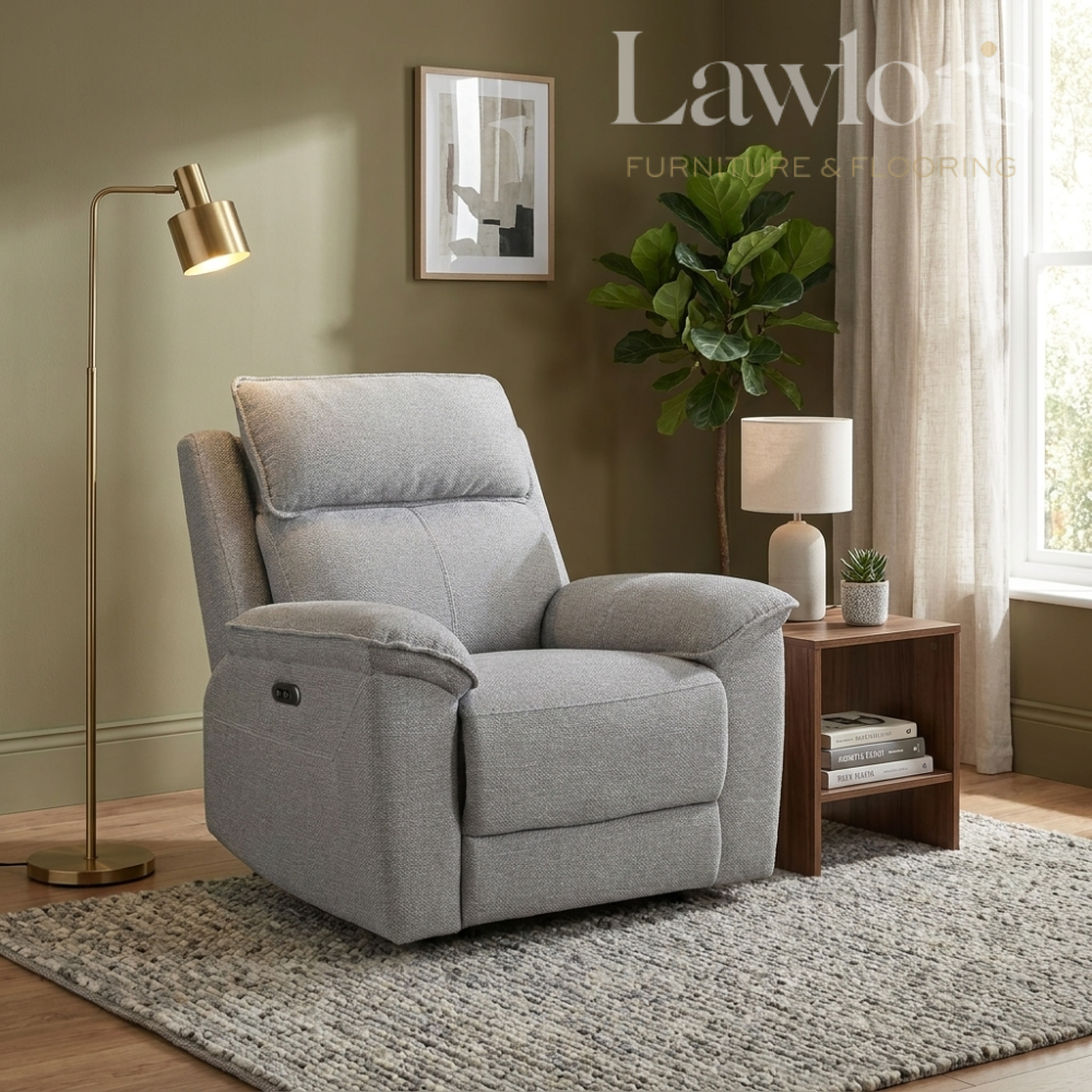 Grey 1 seater electric recliner chair in a living room setting