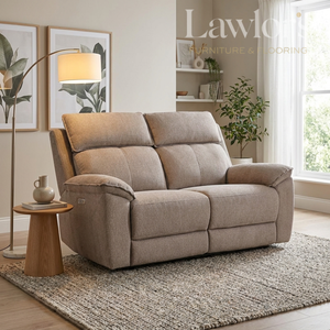 Beige 2 seater electric recliner sofa in a living room setting.
