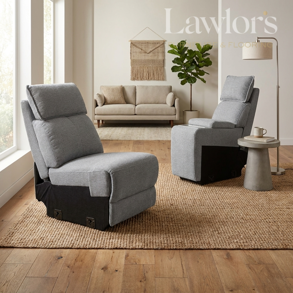 Grey armless and console sectionals in a living room setting