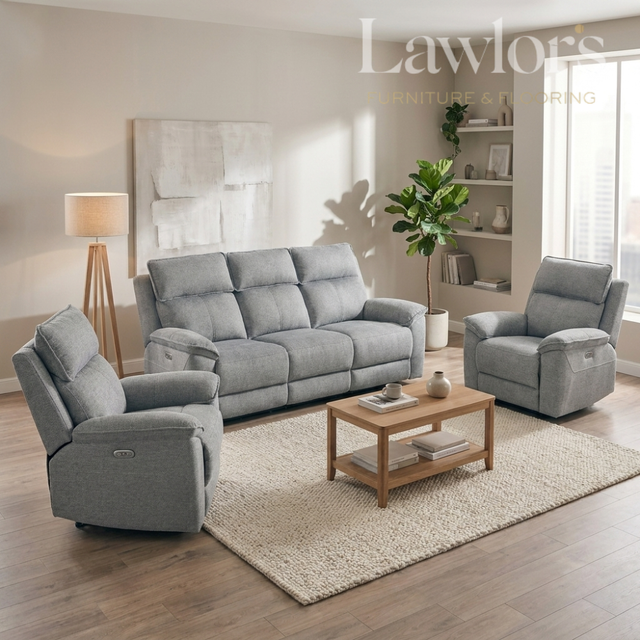 Grey 3+1+1 electric recliner sofa set with armchairs and a coffee table in a living room setting