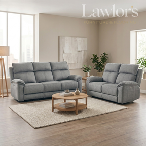 Grey 3+2 electric recliner sofa set in a living room