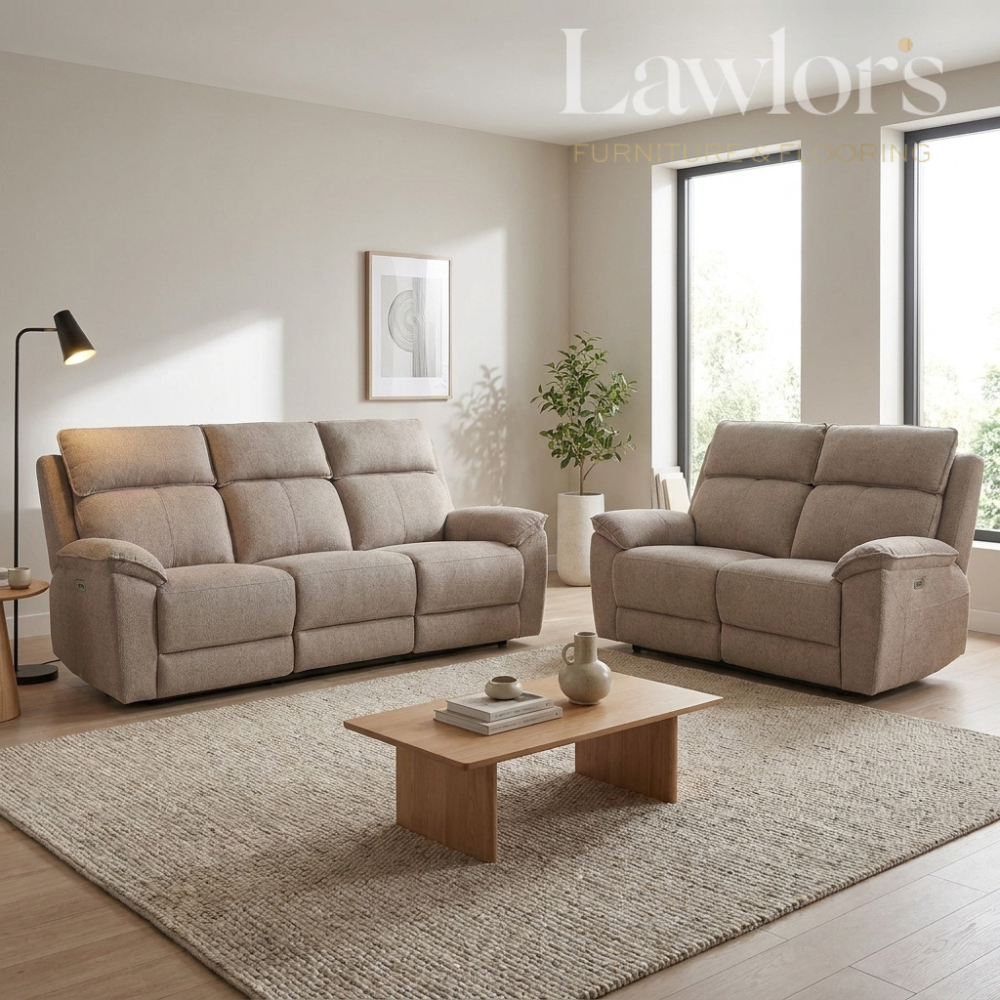 Beige 3+2 electric recliner sofa set in a living room