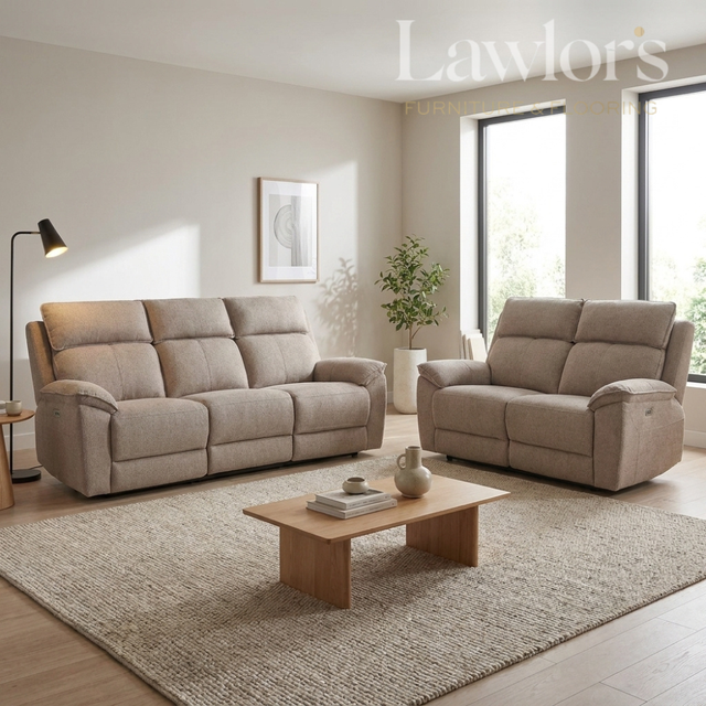 Beige 3+2 electric recliner sofa set in a living room