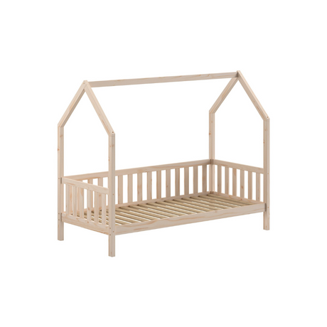 The Cabane House Bed 90 x 200cm in Natural pine features a playful design, side railing, fall protection and charm with solid wood & slat base included