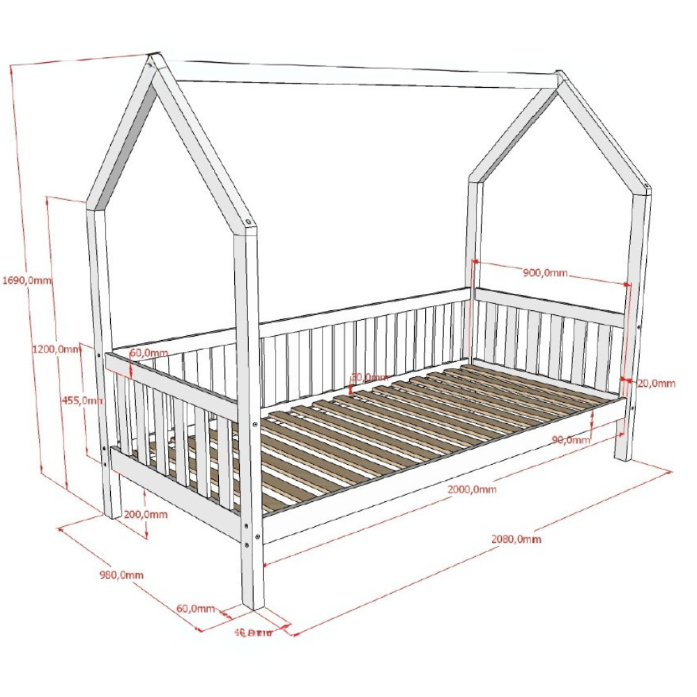 The Cabane House Bed 90 x 200cm in Natural pine features a playful design, side railing, fall protection and charm with solid wood & slat base included