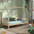 The Cabane House Bed 90 x 200cm in Natural pine features a playful design, side railing, fall protection and charm with solid wood & slat base included