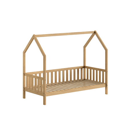 The Cabane House Bed 90 x 200cm in Oak pine features a playful design, side railing, natural finish, fall protection with solid wood & slat base included