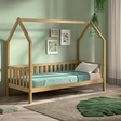 The Cabane House Bed 90 x 200cm in Oak pine features a playful design, side railing, natural finish, fall protection with solid wood & slat base included
