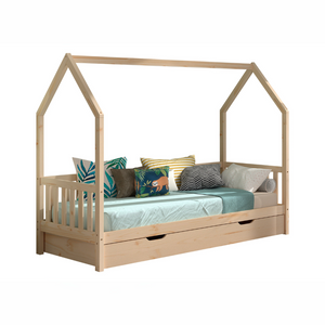 The Cabane House Bed & Drawer 90 x 200cm in Natural offers a natural finish, raised railings on three sides, solid pine & pull out drawer for storage space