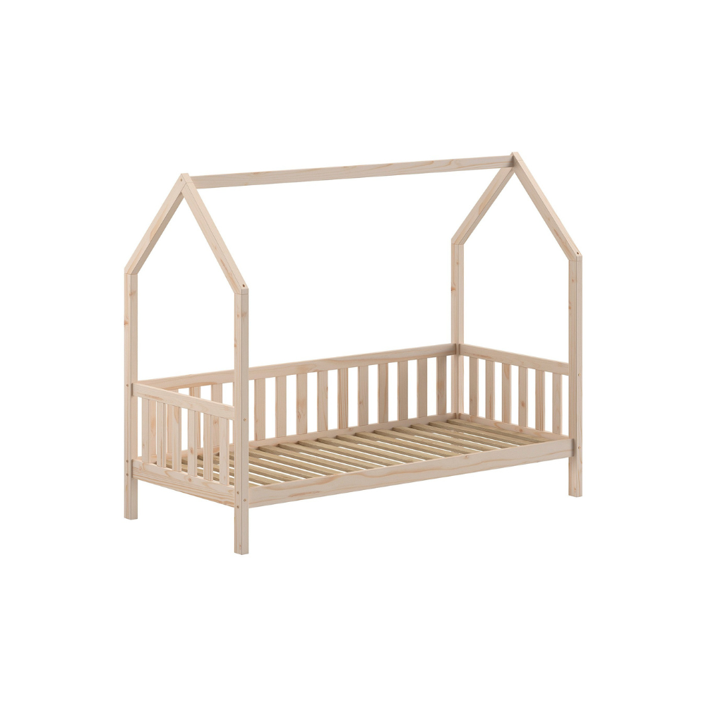 The Cabane House Bed & Drawer 90 x 200cm in Natural offers a natural finish, raised railings on three sides, solid pine & pull out drawer for storage space
