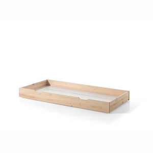 The Cabane House Bed & Drawer 90 x 200cm in Natural offers a natural finish, raised railings on three sides, solid pine & pull out drawer for storage space