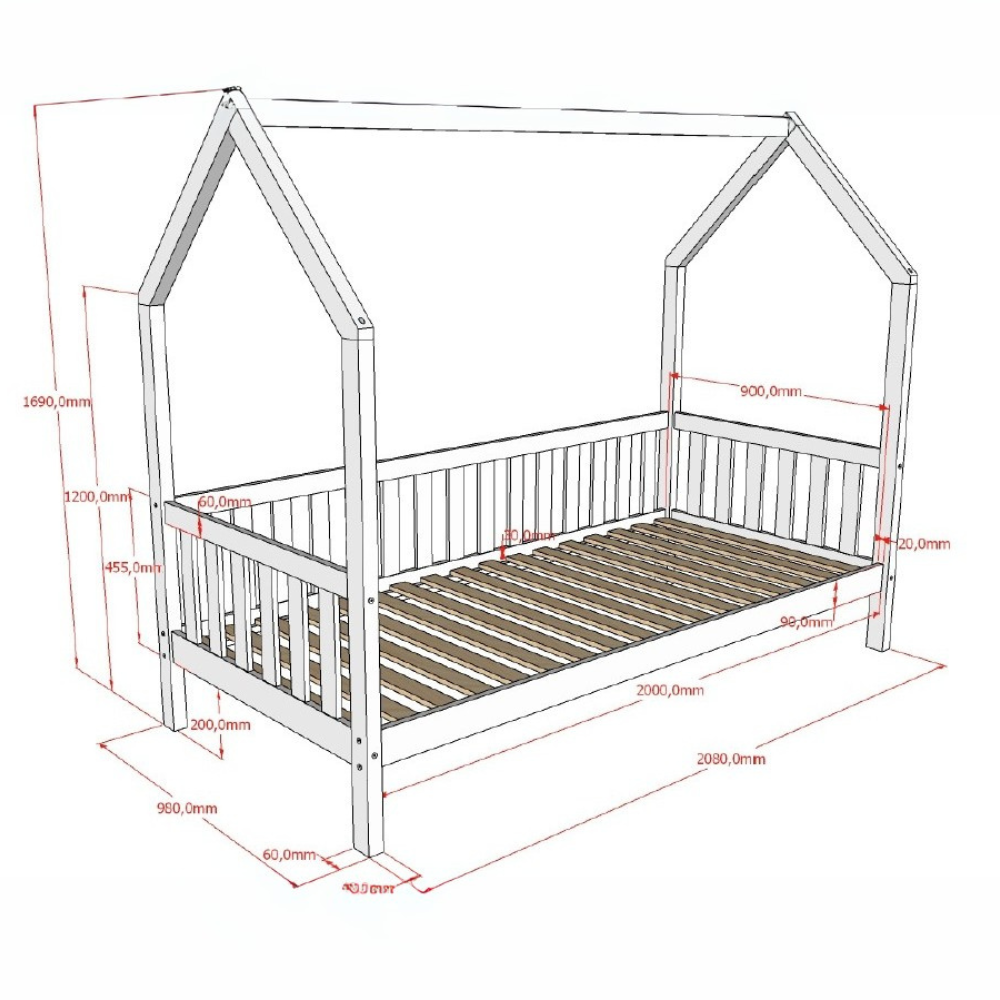 The Cabane House Bed & Drawer 90 x 200cm in Natural offers a natural finish, raised railings on three sides, solid pine & pull out drawer for storage space