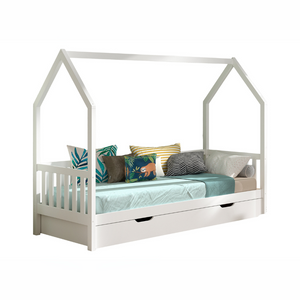 The Cabane House Bed & Drawer 90 x 200cm in White offers a lacquered finish, raised railing on three sides, solid pine & pull out drawer for storage space