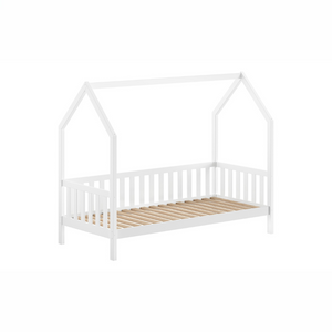 The Cabane House Bed & Drawer 90 x 200cm in White offers a lacquered finish, raised railing on three sides, solid pine & pull out drawer for storage space