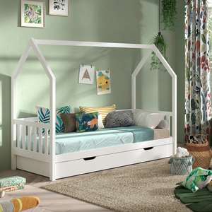 The Cabane House Bed & Drawer 90 x 200cm in White offers a lacquered finish, raised railing on three sides, solid pine & pull out drawer for storage space