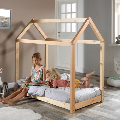 The Cabane Toddler Bed 70 x 140cm in Natural pine features a Montessori design, playful house shape, low to ground for easy access with slat base included