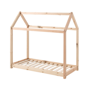 The Cabane Toddler Bed 70 x 140cm in Natural pine features a Montessori design, playful house shape, low to ground for easy access with slat base included