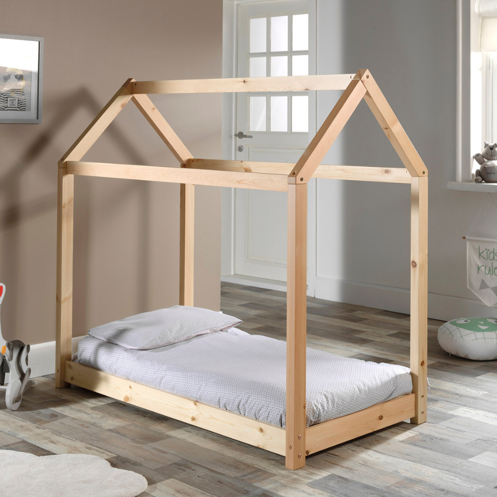The Cabane Toddler Bed 70 x 140cm in Natural pine features a Montessori design, playful house shape, low to ground for easy access with slat base included