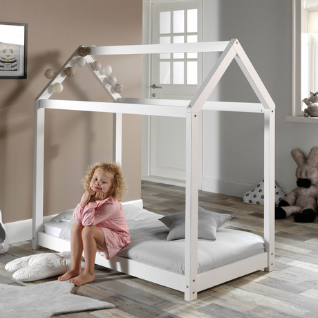 The Cabane Toddler Bed 70 x 140cm in White pine features a Montessori design, playful house shape, low to ground for easy access with slat base included