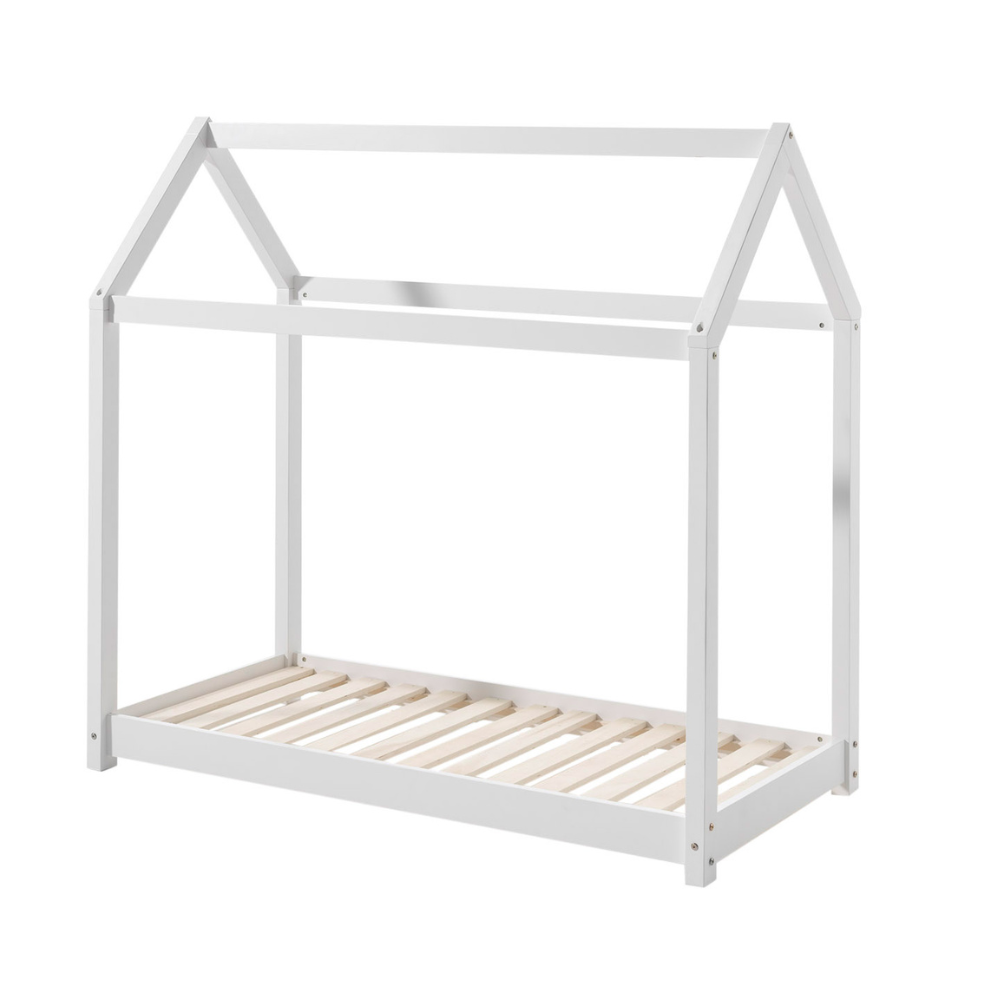 The Cabane Toddler Bed 70 x 140cm in White pine features a Montessori design, playful house shape, low to ground for easy access with slat base included