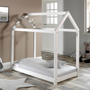 The Cabane Toddler Bed 70 x 140cm in White pine features a Montessori design, playful house shape, low to ground for easy access with slat base included