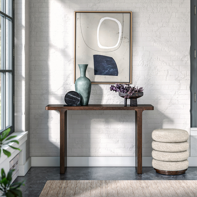 The California Console Table is crafted from oak and rubberwood veneer with a sleek, natural finish, stylish for any room.