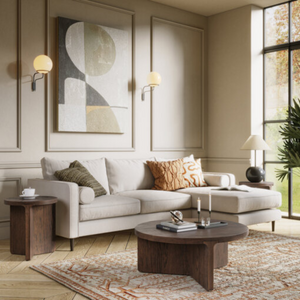 The California Round Coffee Table features sandblasted oak with elegant radius curves that blends modern and vintage styles.