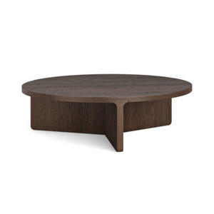 The California Round Coffee Table features sandblasted oak with elegant radius curves that blends modern and vintage styles.