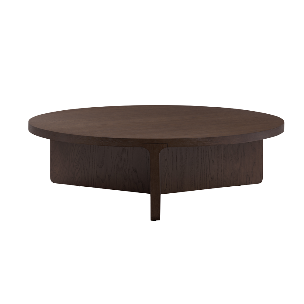 The California Round Coffee Table features sandblasted oak with elegant radius curves that blends modern and vintage styles.