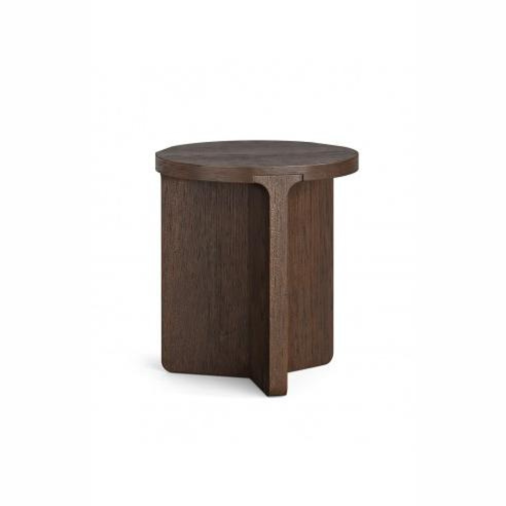 The California Round Side Table is crafted from oak and rubberwood veneer with a sleek, natural finish, stylish for any room.