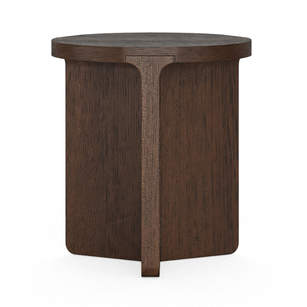 The California Round Side Table is crafted from oak and rubberwood veneer with a sleek, natural finish, stylish for any room.