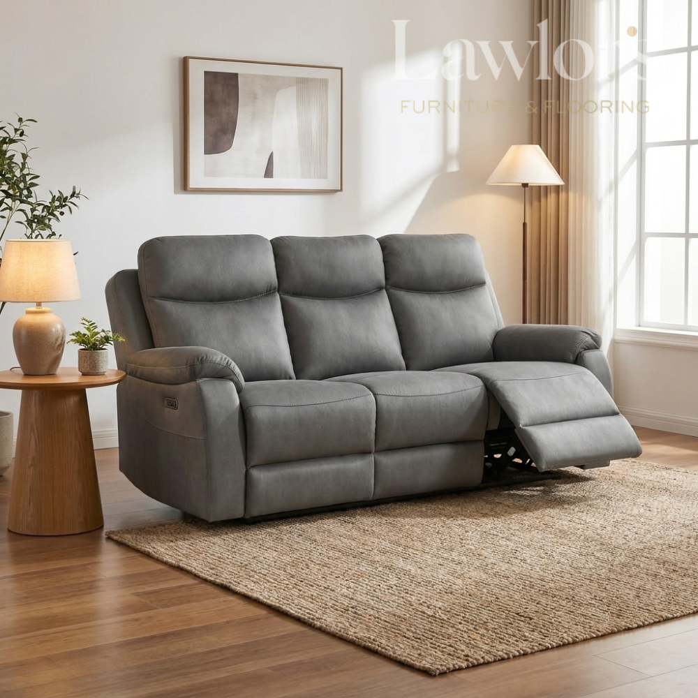 Black 3 seater recliner sofa in a modern living room