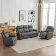 Gray 3+1+1 recliner sofa set in a living room