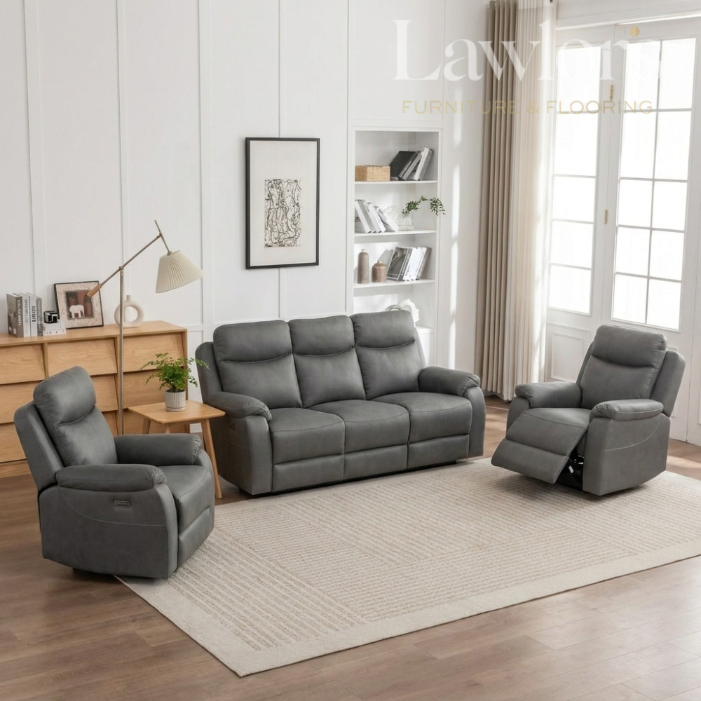 Gray 3+1+1 recliner sofa set in a living room