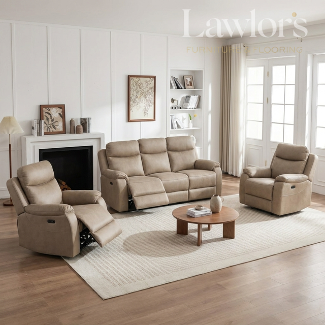 Beige 3+1+1 recliner sofa set in a living room